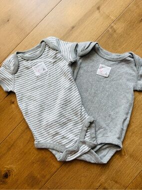 Classic Grey Burts Bee Baby One-Piece Bodysuit Duo - Soft Grey & Grey Stripe